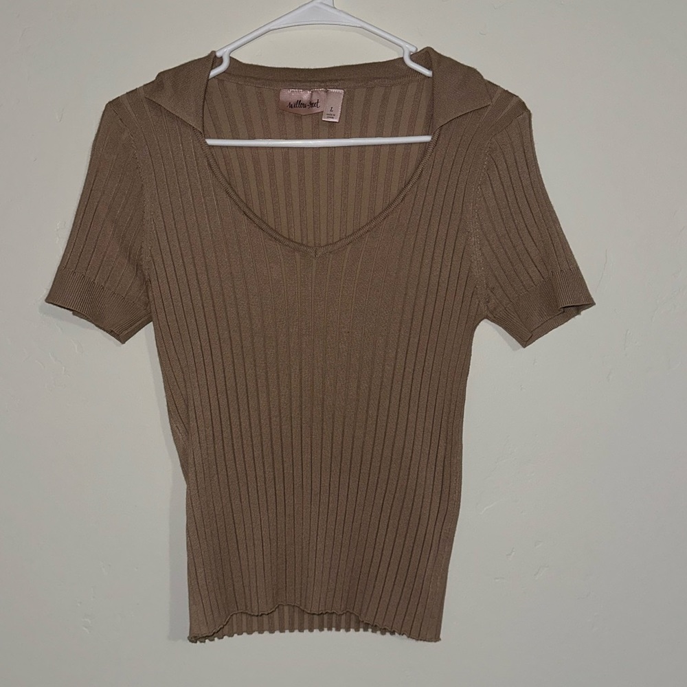 Buckle, tan, collared shirt.